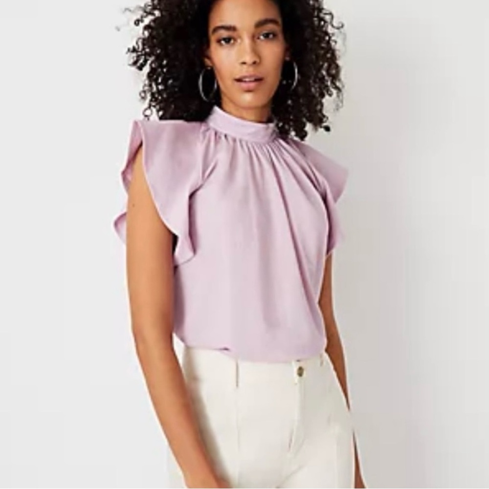 Ann Taylor Womens Lavender Pink Gathered Mock Neck Cap Sleeve Blouse Top - Small